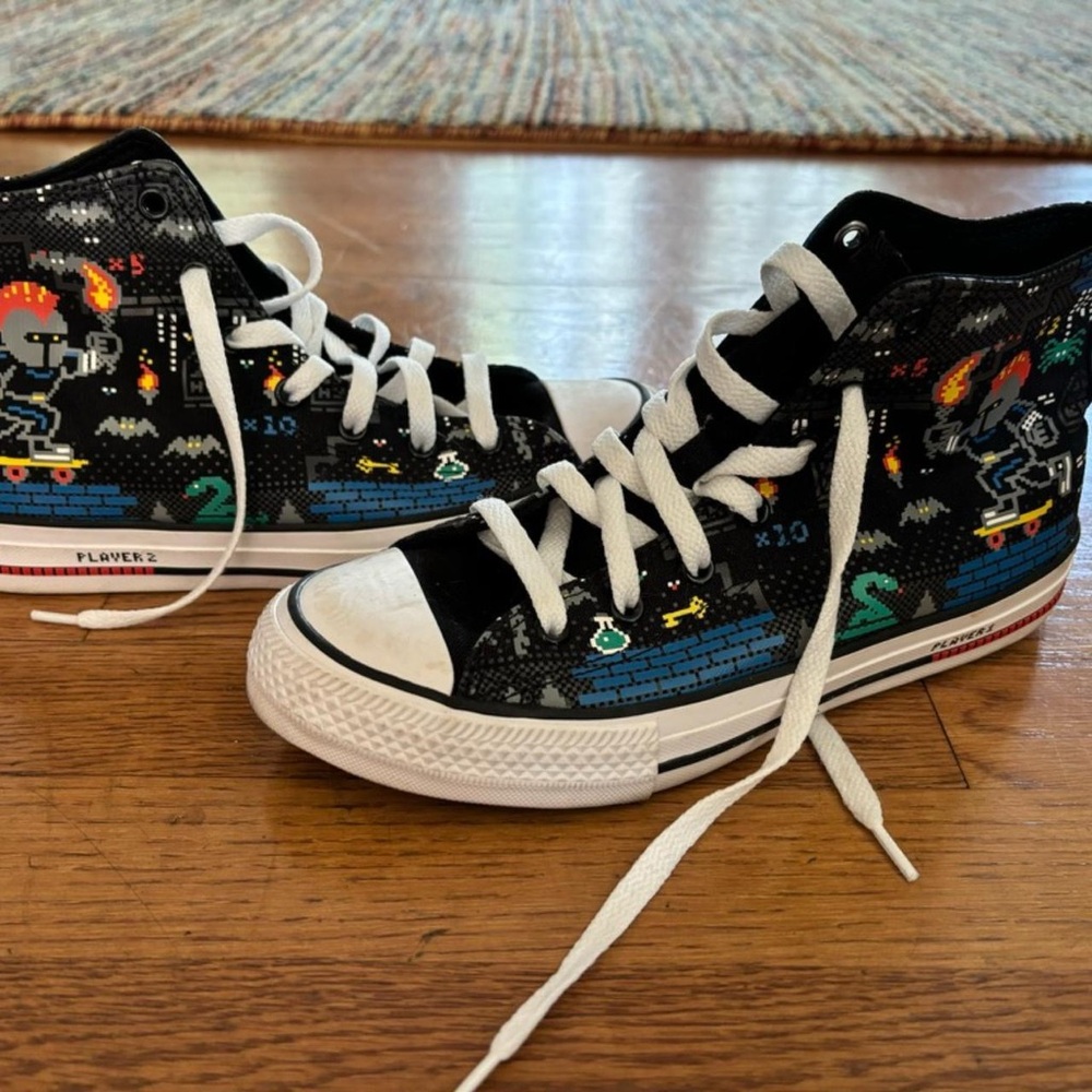 Black Converse High-Top Sneakers with Graphic Video Game Design